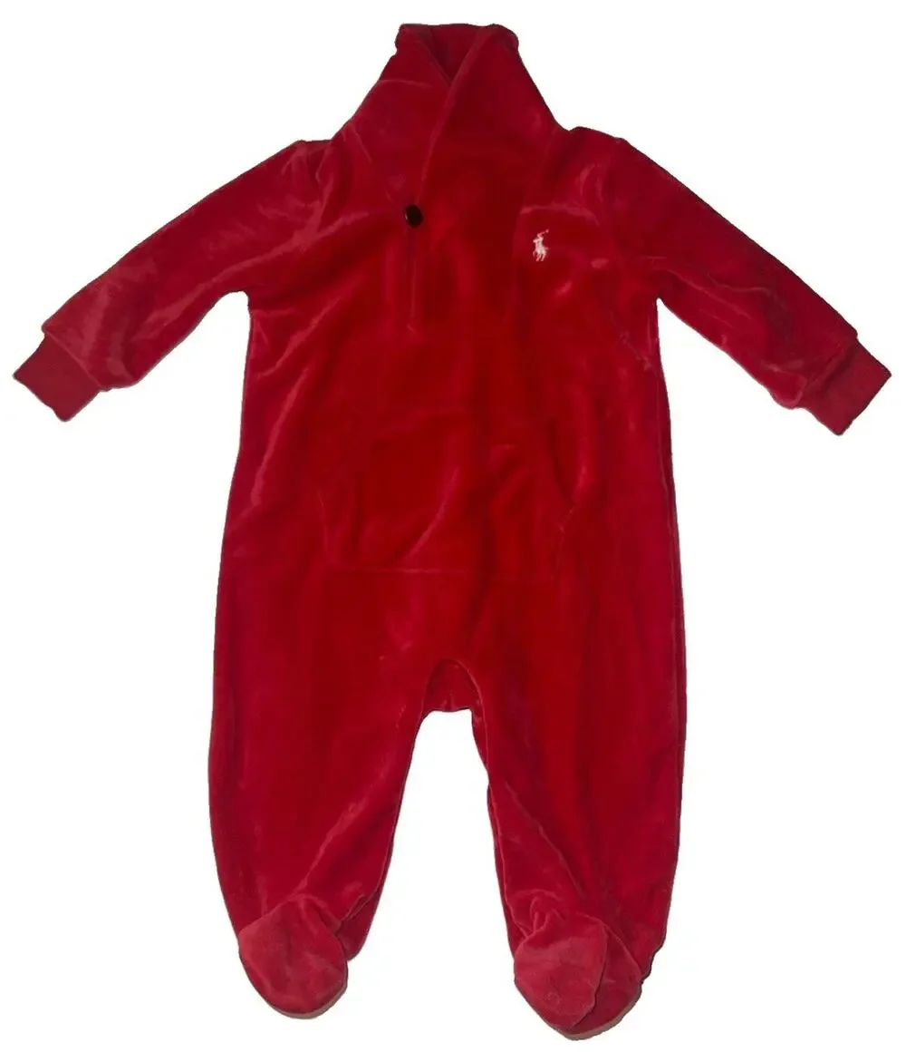 Ralph Lauren Baby 3M Red Velour Footed Coverall One Piece Pony Logo EUC